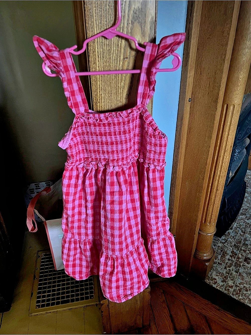 Cat & Jack Girls Pink Gingham Tiered Flutter Sleeve Dress Size Large